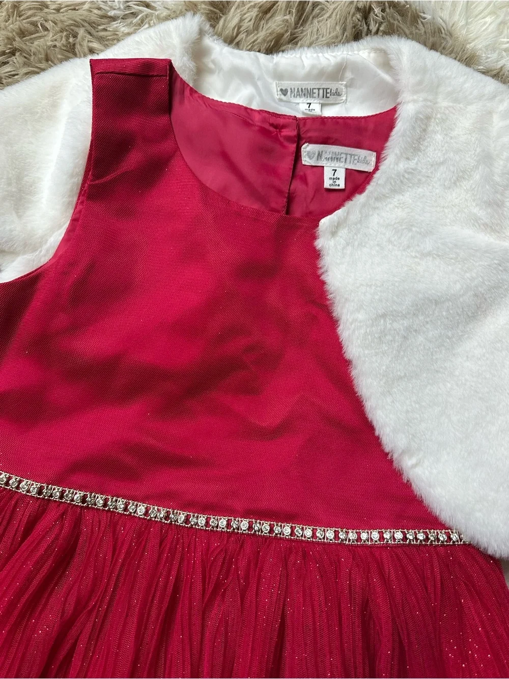 Red Tulle Party Dress with White Faux Fur Bolero - Kids
